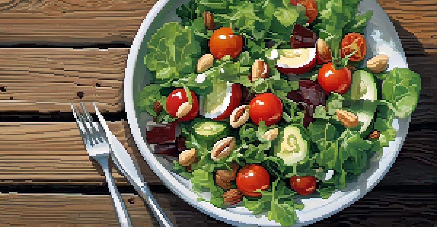 A colorful bowl of fresh salad with leafy greens, tomatoes, and cucumbers, beautifully presented on a wooden table.