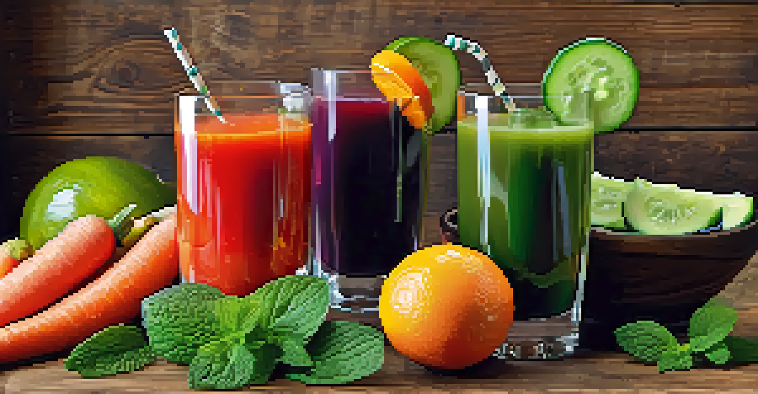 A glass of colorful raw juice made from cucumbers, carrots, and citrus fruits, garnished with mint, on a rustic wooden table.