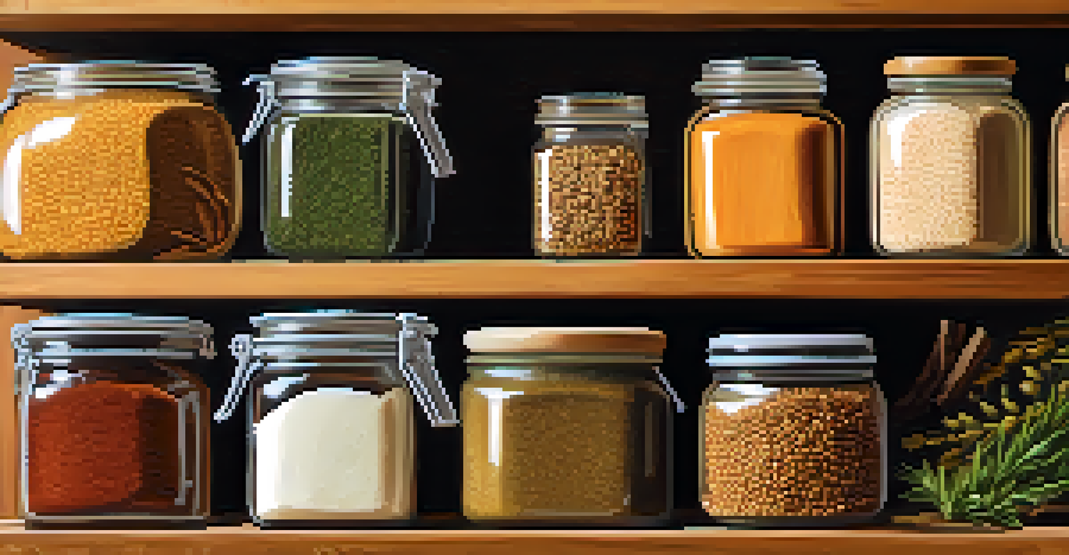 A close-up of a pantry shelf showing the First-In, First-Out system with spices and grains.