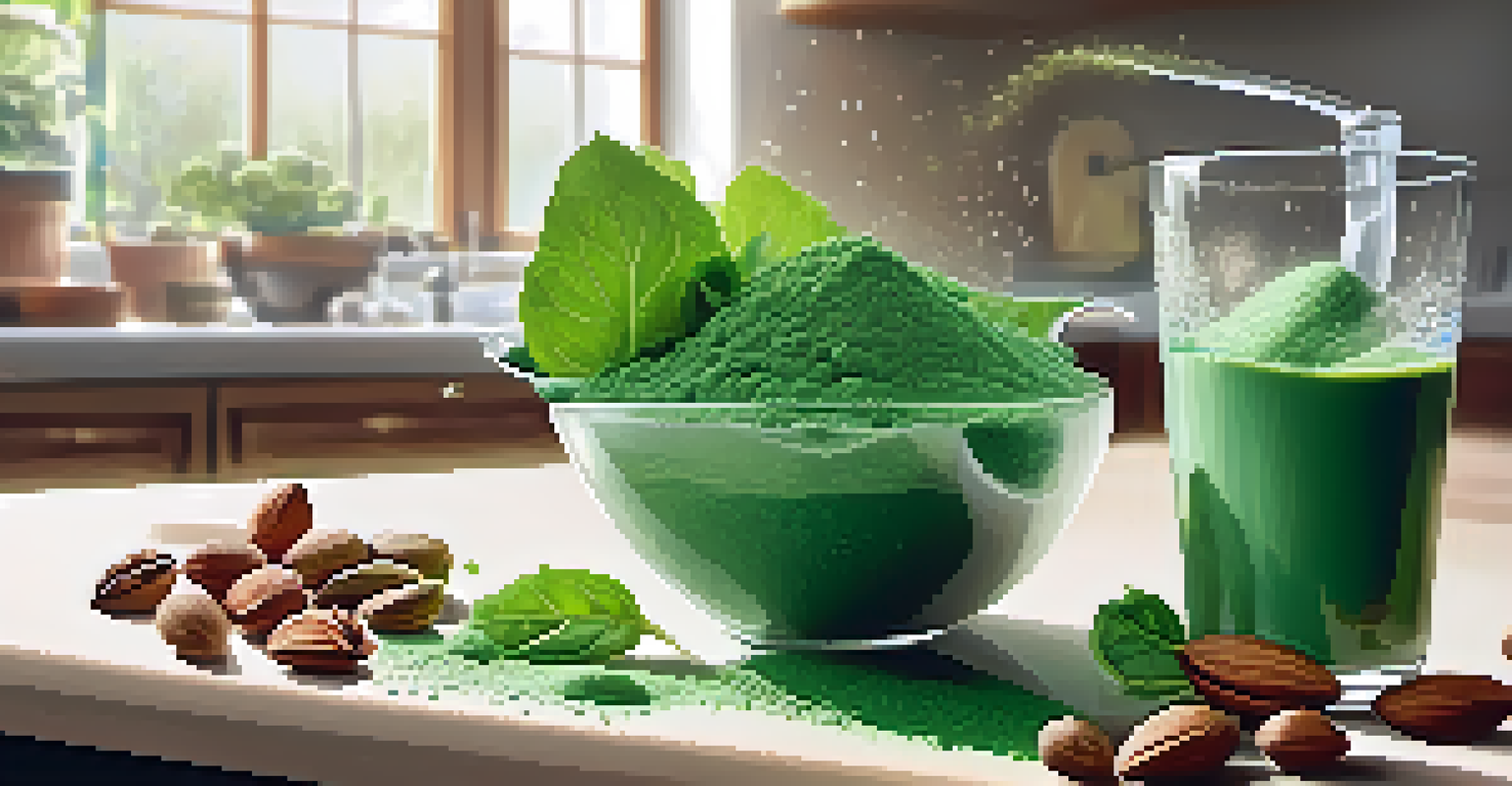 A hand pouring green powder into water, with leafy greens and nuts in a sunny kitchen setting.