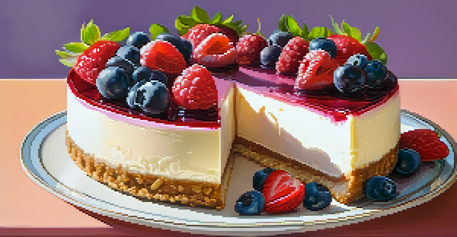 A slice of raw berry cheesecake with a nut crust, topped with colorful berry compote and fresh fruits, on a white plate.