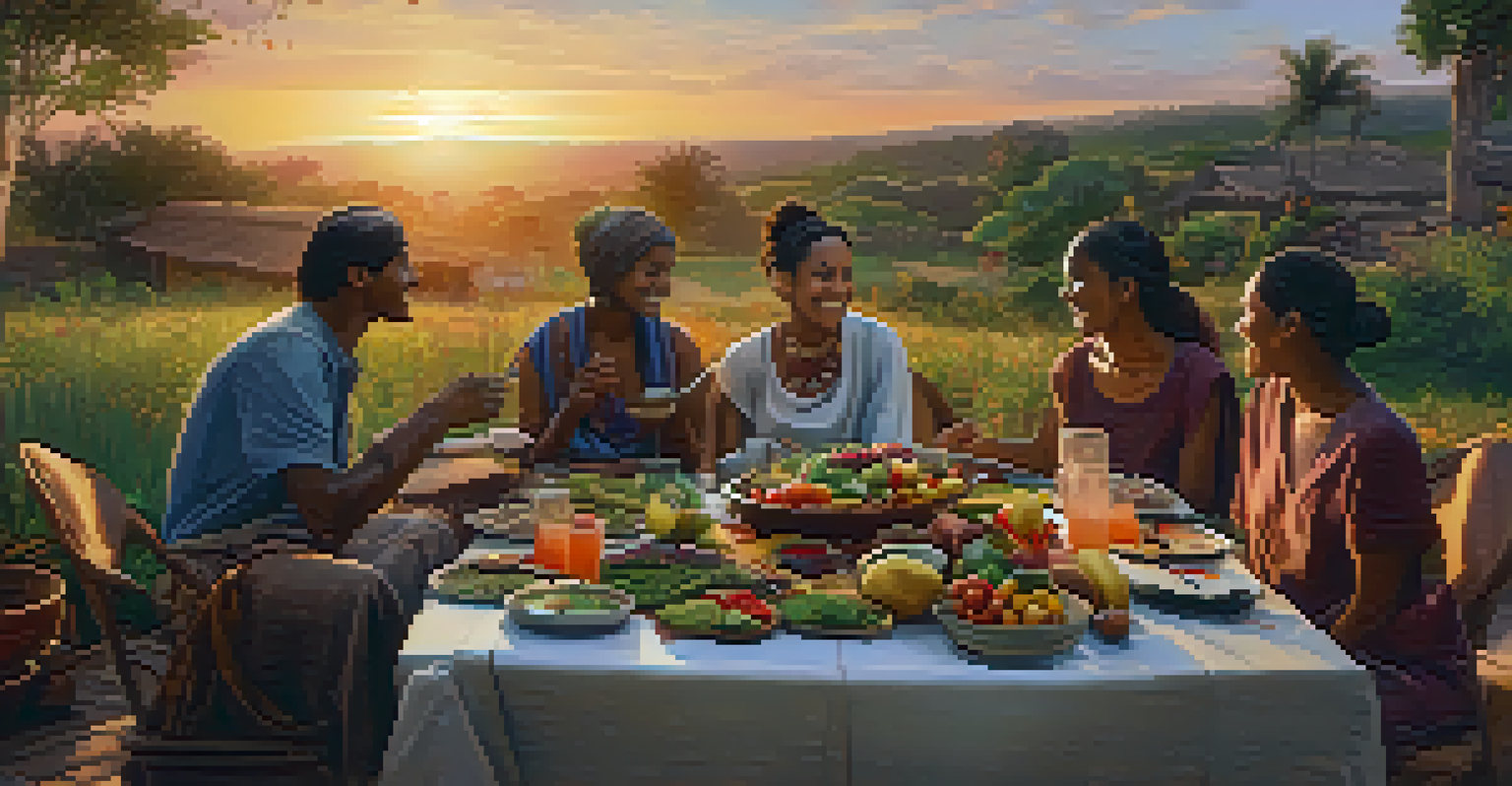 Family and friends enjoying a communal meal with a beautifully arranged platter of raw foods in a cozy setting during sunset.