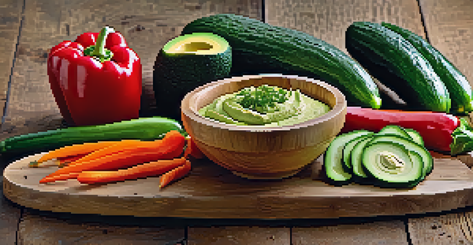An assortment of fresh raw vegetables on a wooden board with avocado hummus in a bowl.