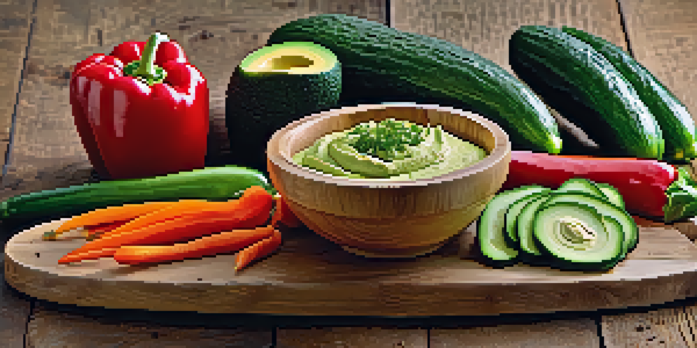 An assortment of fresh raw vegetables on a wooden board with avocado hummus in a bowl.