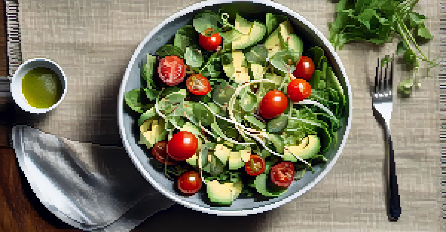 An overhead view of a fresh raw salad with mixed greens, cherry tomatoes, and avocado, placed on a linen cloth with a fork next to it.
