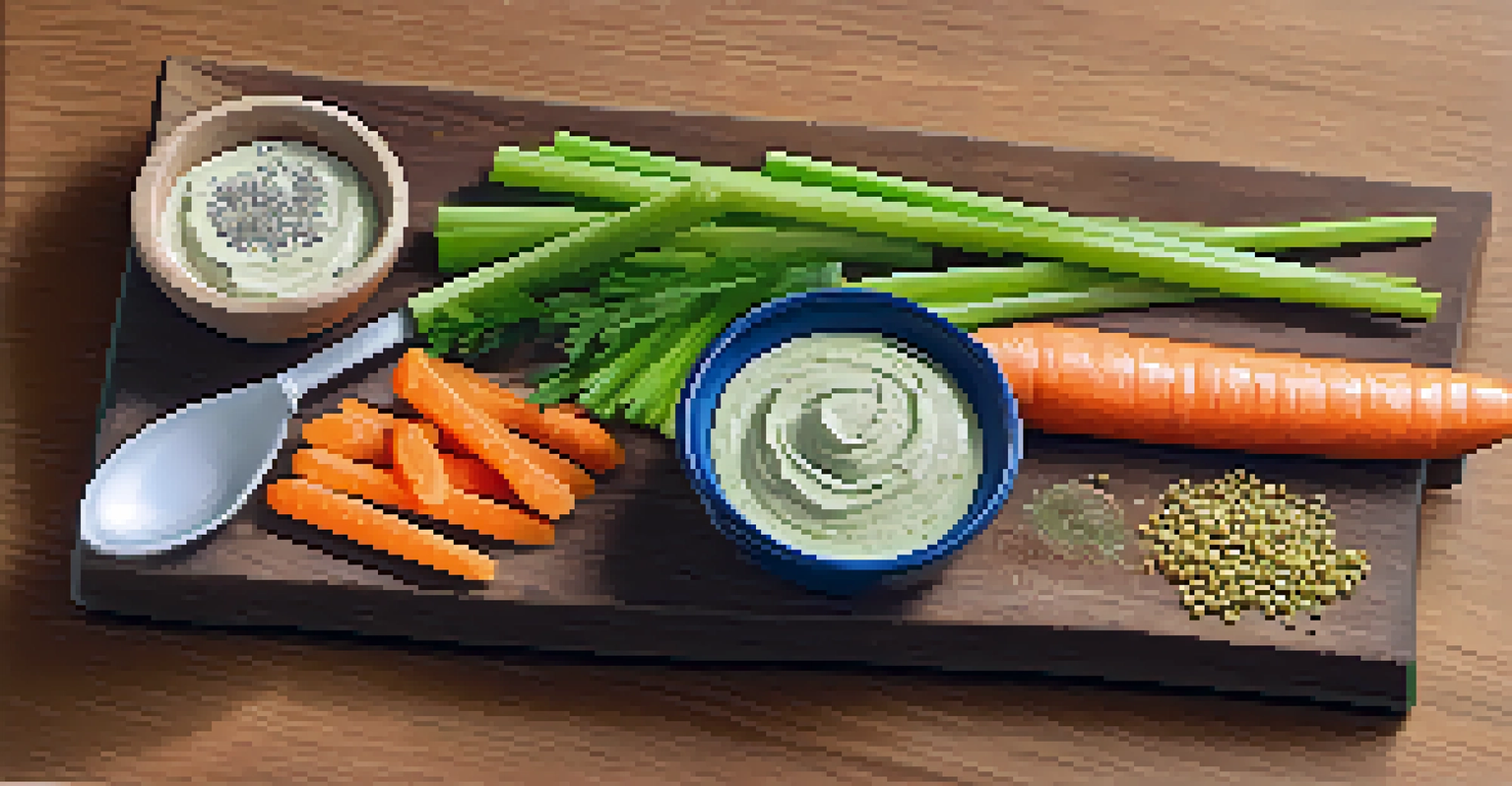 A wooden platter with raw veggie sticks and a small bowl of hemp seed dip, decorated with seeds and herbs, presented in a close-up view.