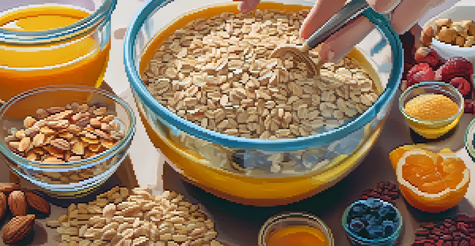 A close-up of a hand mixing healthy ingredients in a bowl for no-bake raw snacks, with oats, nuts, and dried fruits visible.
