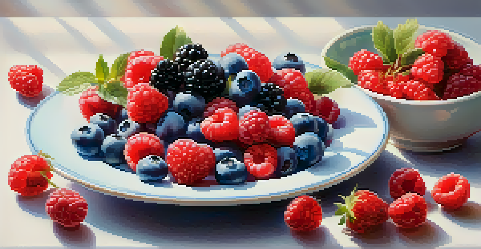 A plate of assorted fresh berries including blueberries, strawberries, and raspberries, against a pastel background.