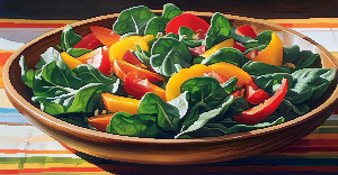 A close-up of a colorful raw food salad with spinach, kale, bell peppers, and orange slices in a wooden bowl, illuminated by sunlight.