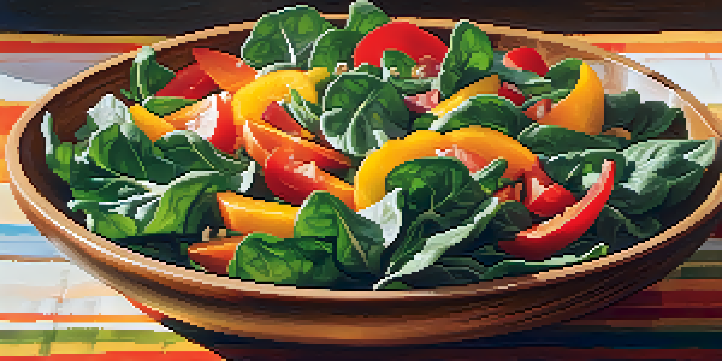 A close-up of a colorful raw food salad with spinach, kale, bell peppers, and orange slices in a wooden bowl, illuminated by sunlight.