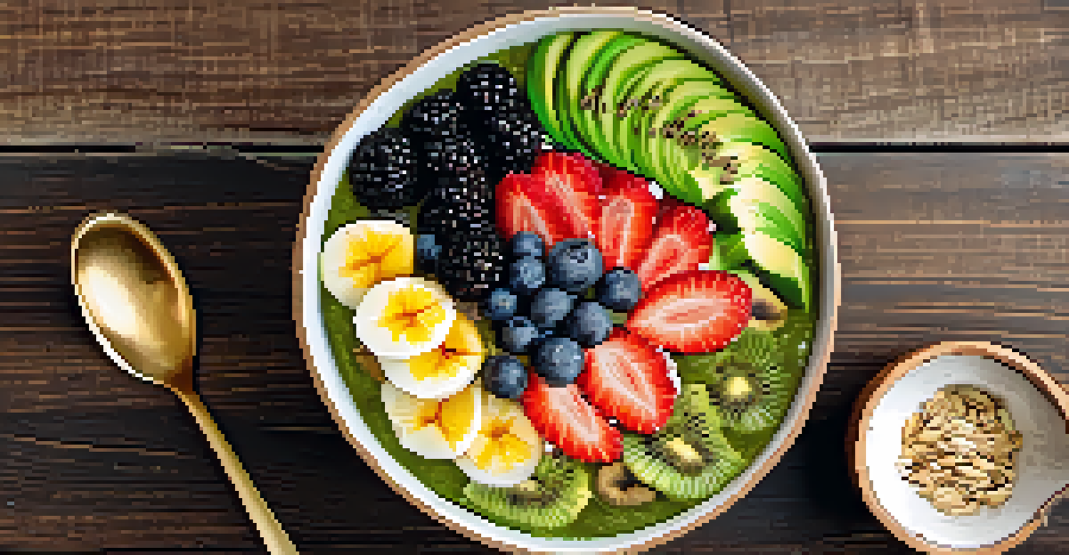 A close-up of a coconut shell smoothie bowl filled with green smoothie, topped with colorful fruits, nuts, and seeds, placed on a rustic wooden table.