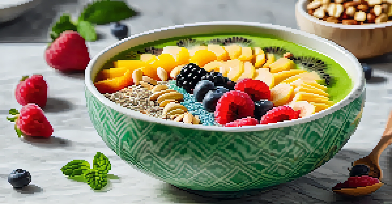 A colorful smoothie bowl topped with sliced fruits and nuts, set on a marble countertop with a spoon and a small plant in the background.