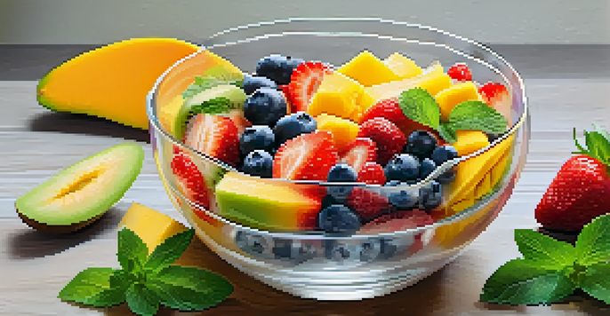 A clear glass bowl filled with a colorful fruit salad including mango, strawberries, and blueberries, decorated with mint leaves.