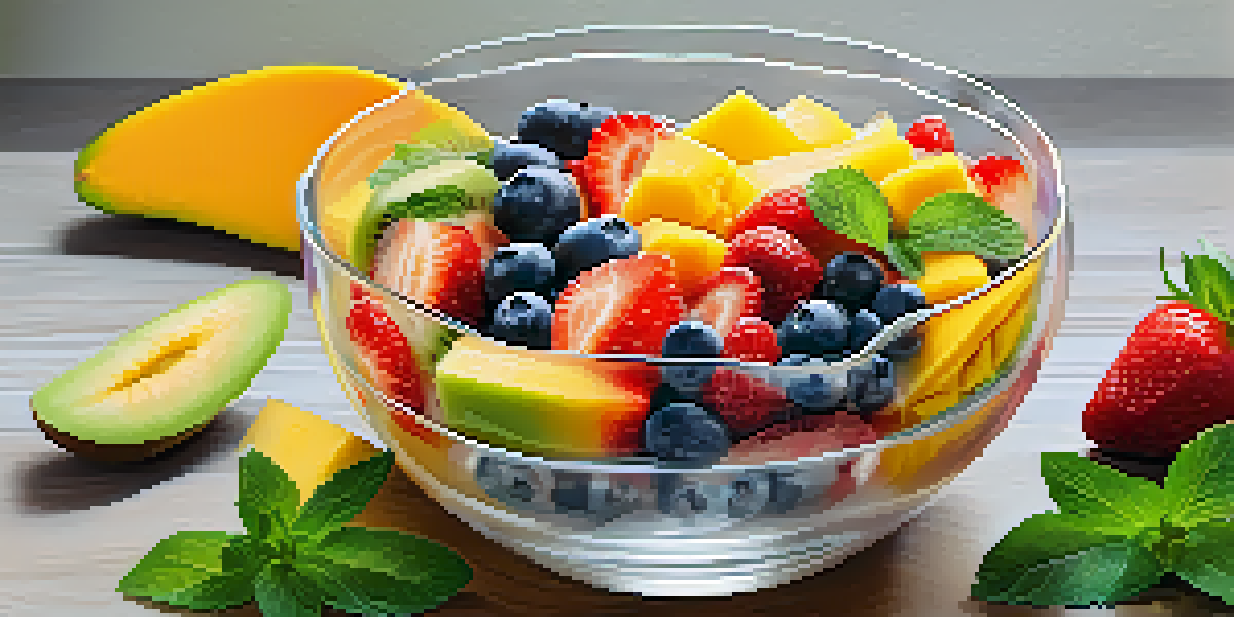 A clear glass bowl filled with a colorful fruit salad including mango, strawberries, and blueberries, decorated with mint leaves.