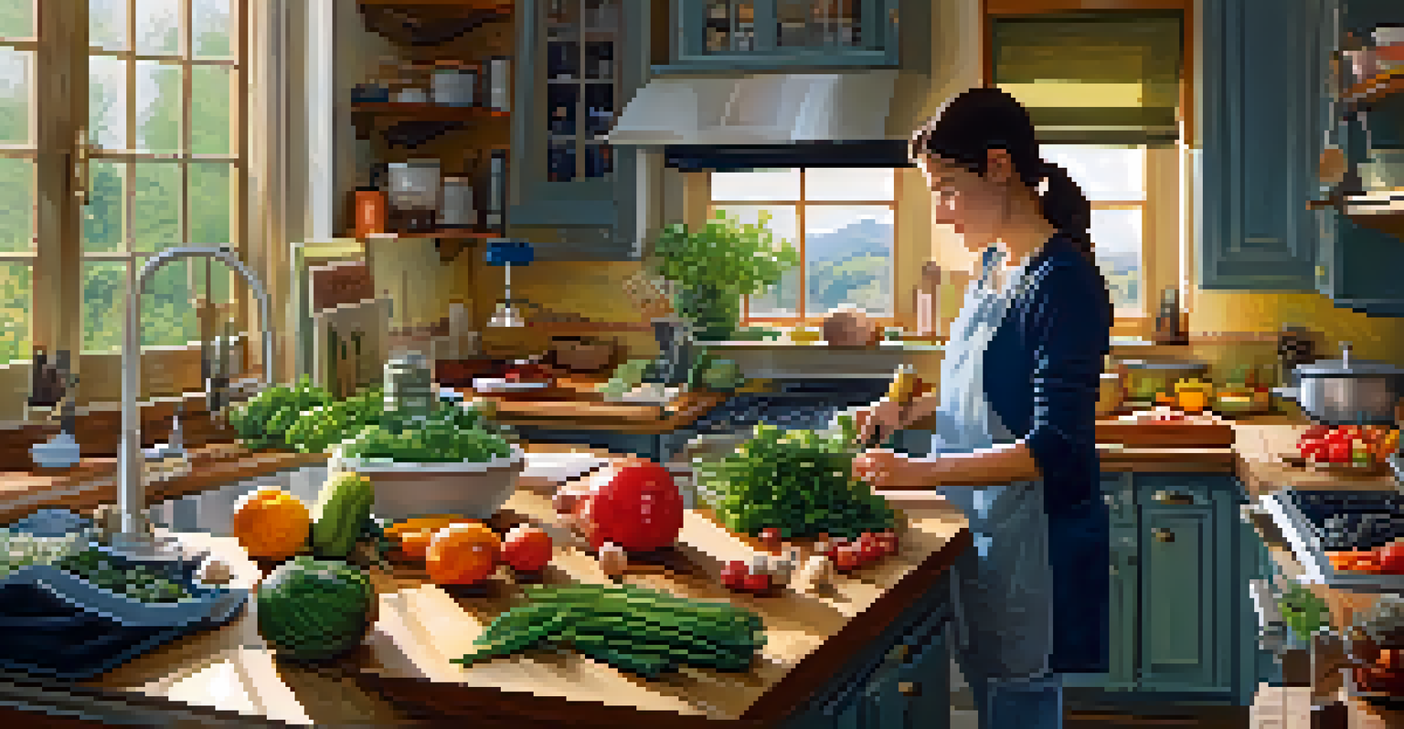 A person testing kitchen equipment, including a food processor and mandoline slicer, surrounded by fresh vegetables and fruits in a warm kitchen.