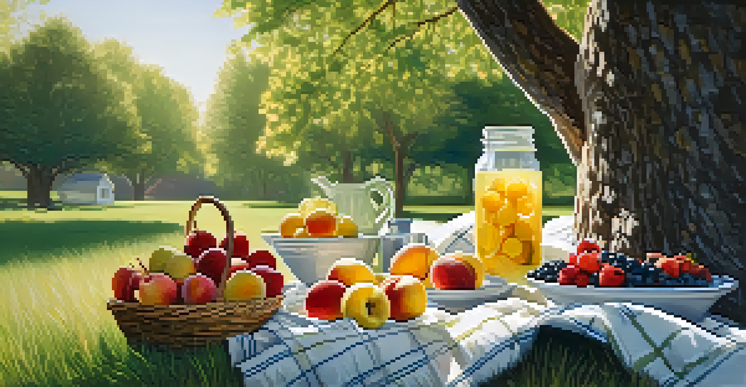 A peaceful picnic setup on the grass with fresh seasonal fruits and lemonade, surrounded by greenery and soft sunlight.