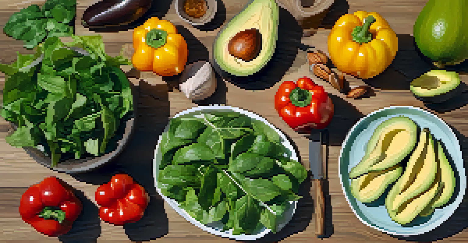 A flat lay image of a raw food meal prep featuring colorful ingredients like avocados, bell peppers, and greens, with a recipe card on a wooden surface.
