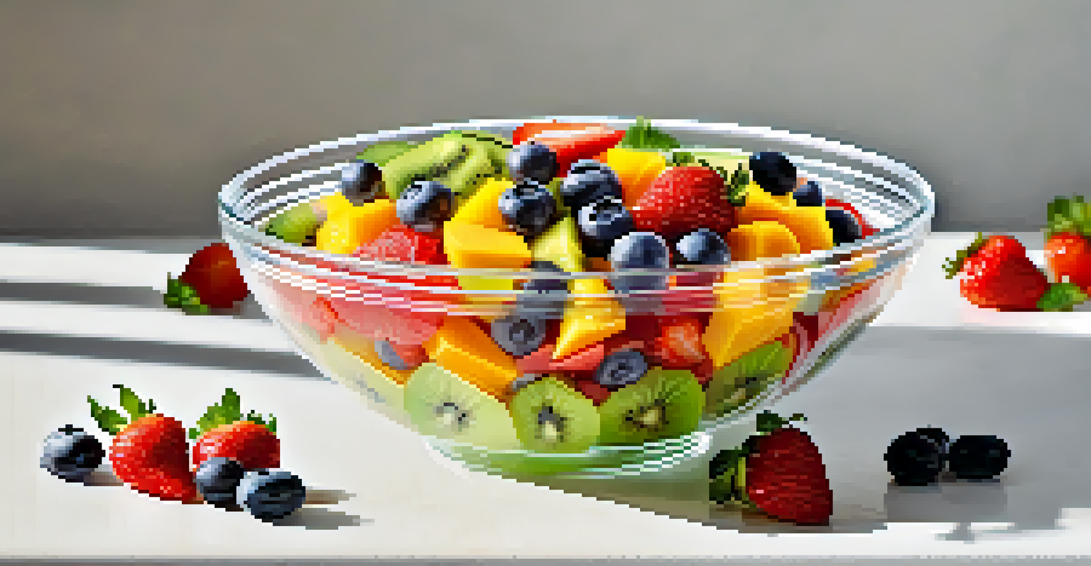 A colorful fruit salad made with various fresh fruits in a clear glass bowl.