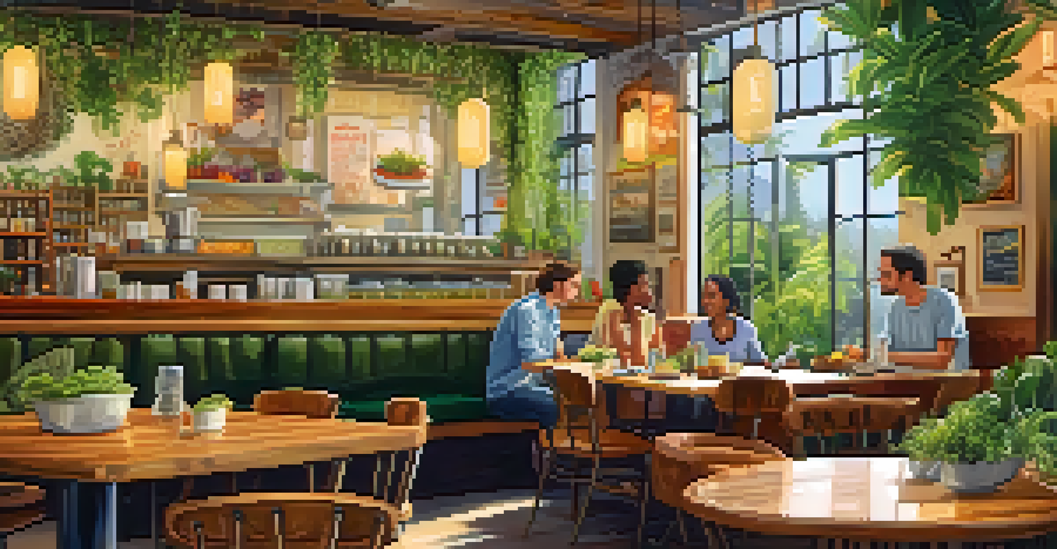 A cozy raw food café with diners enjoying colorful dishes and plants in a warm, inviting atmosphere.