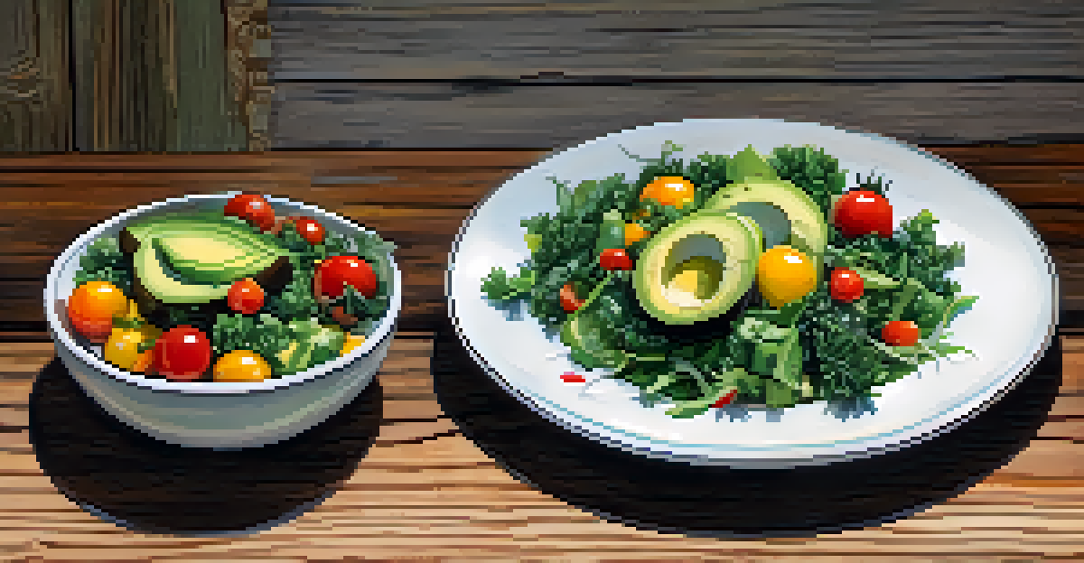 A colorful raw food salad with kale, cherry tomatoes, cucumber, and avocado on a rustic wooden table.