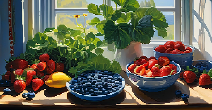 A colorful arrangement of fresh raw foods including strawberries, blueberries, kale, and sunflower seeds on a wooden table, illuminated by sunlight.