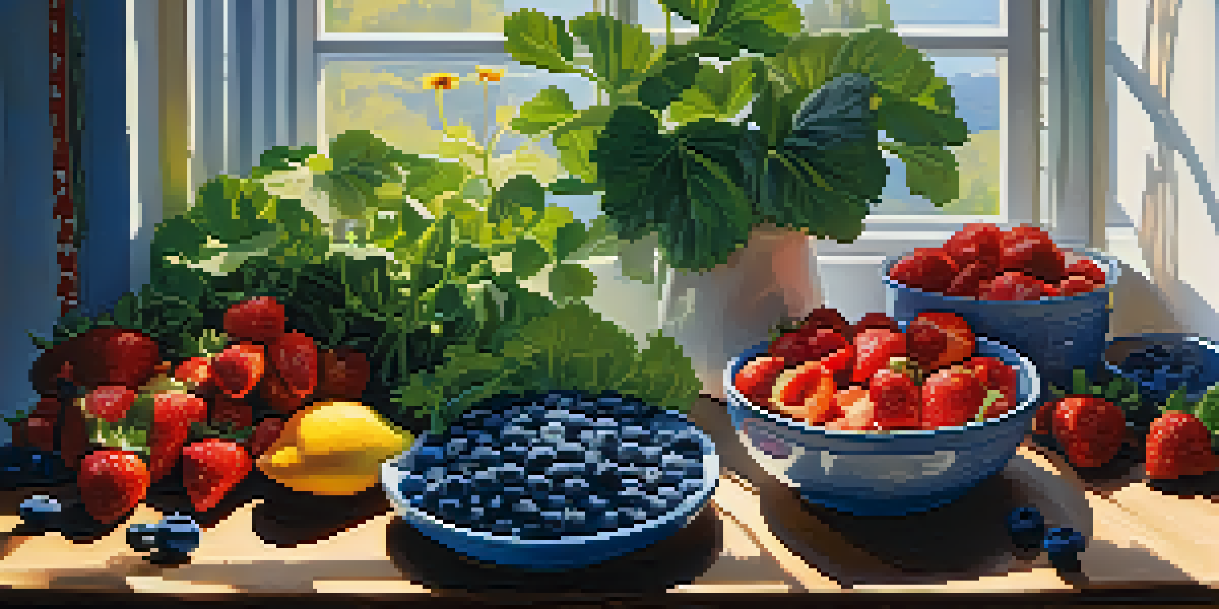 A colorful arrangement of fresh raw foods including strawberries, blueberries, kale, and sunflower seeds on a wooden table, illuminated by sunlight.
