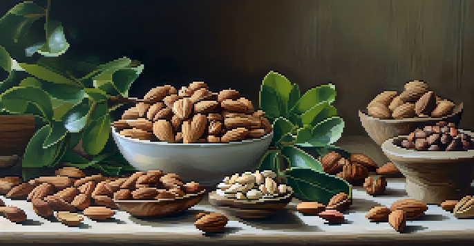 A still life composition showcasing a variety of nuts on a wooden table, illuminated by natural light, with greenery in the background.