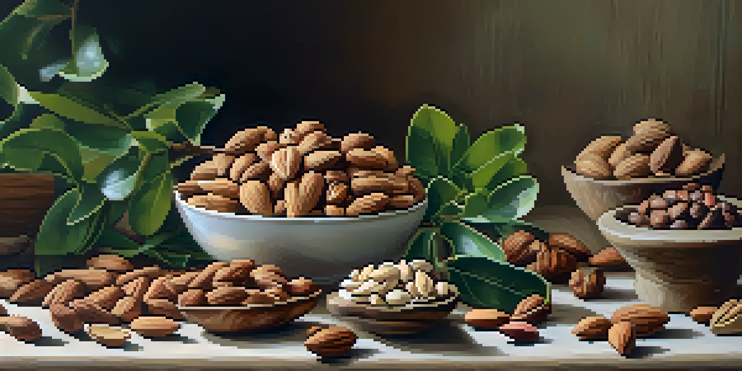 A still life composition showcasing a variety of nuts on a wooden table, illuminated by natural light, with greenery in the background.