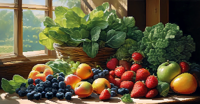 A colorful display of fresh raw fruits and vegetables including berries, leafy greens, nuts, and seeds arranged on a wooden table, illuminated by soft sunlight.