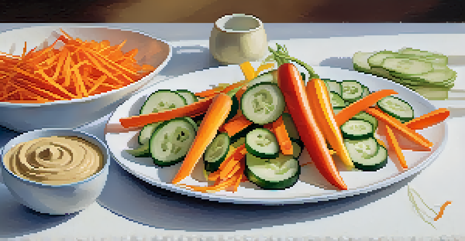 Carrot sticks, cucumber slices, and bell pepper strips served with hummus on a white plate, showcasing vibrant colors.