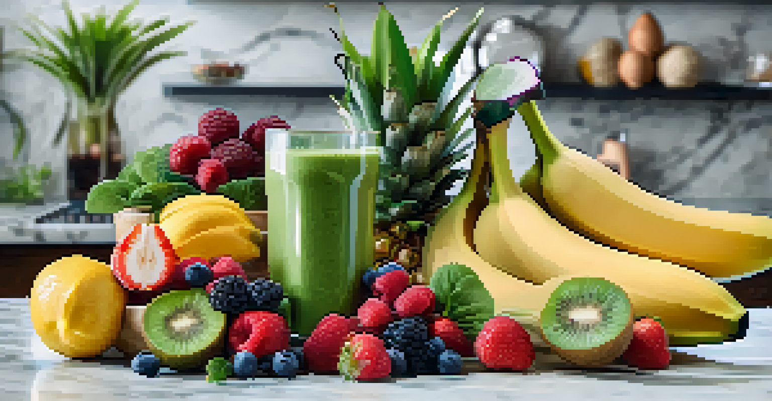 A blender filled with colorful raw ingredients like banana, spinach, and berries on a marble countertop, with a softly blurred background.