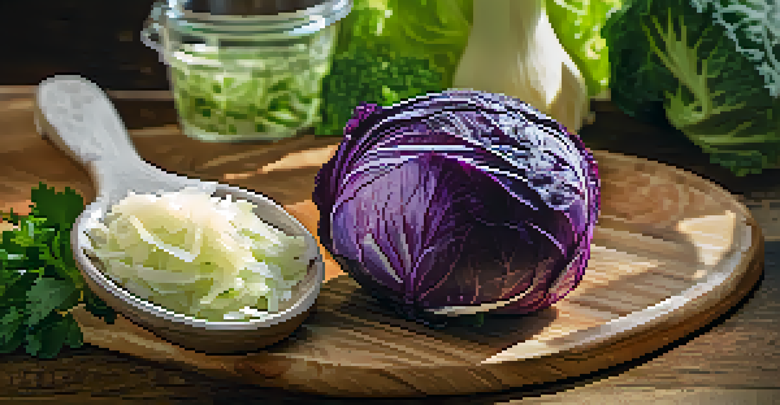 A close-up of a spoonful of colorful homemade sauerkraut on a wooden cutting board with fresh vegetables in the background.