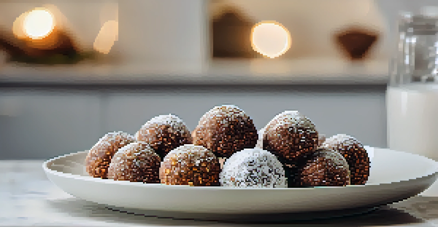 A plate of raw energy balls made from dates, nuts, and cocoa powder, arranged on a white marble plate with coconut flakes.