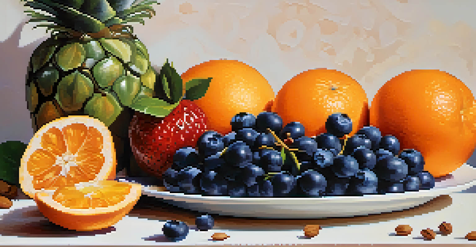A beautifully arranged raw fruit platter with oranges, strawberries, and blueberries on a white plate against a pastel background.