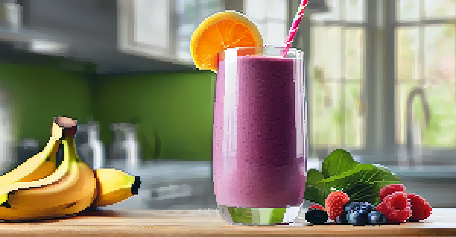 Close-up of a colorful smoothie made from raw greens and berries in a clear glass, with a slice of orange on the rim, set against a blurred kitchen background.
