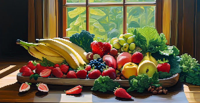 A colorful assortment of raw fruits, vegetables, nuts, and seeds displayed on a wooden table, illuminated by soft natural light.