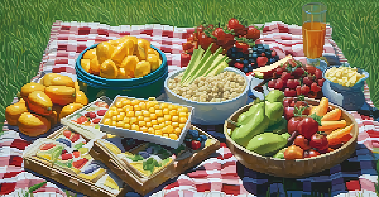 A picnic setup with a blanket, fresh fruits, raw energy bars, and vegetable sticks in a sunny park with trees and grass.