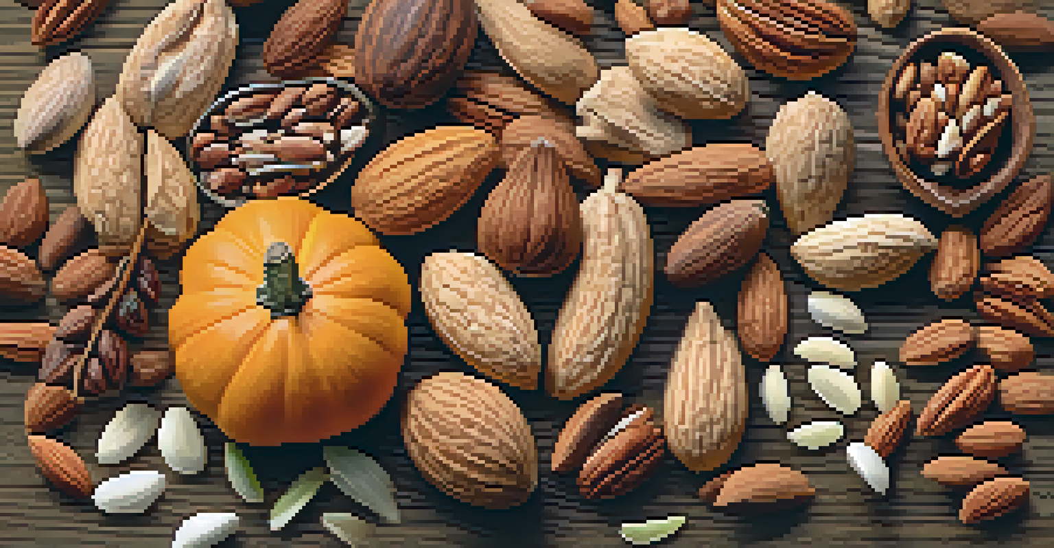 A close-up view of various raw nuts and seeds on a wooden table with a natural background.