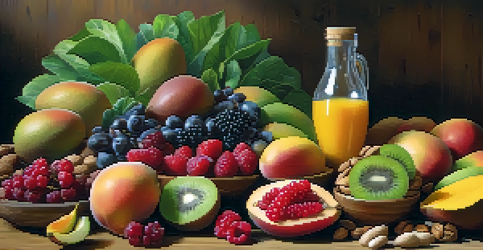 A colorful assortment of fresh raw vegan foods including fruits, leafy greens, nuts, and seeds on a wooden table illuminated by natural light.