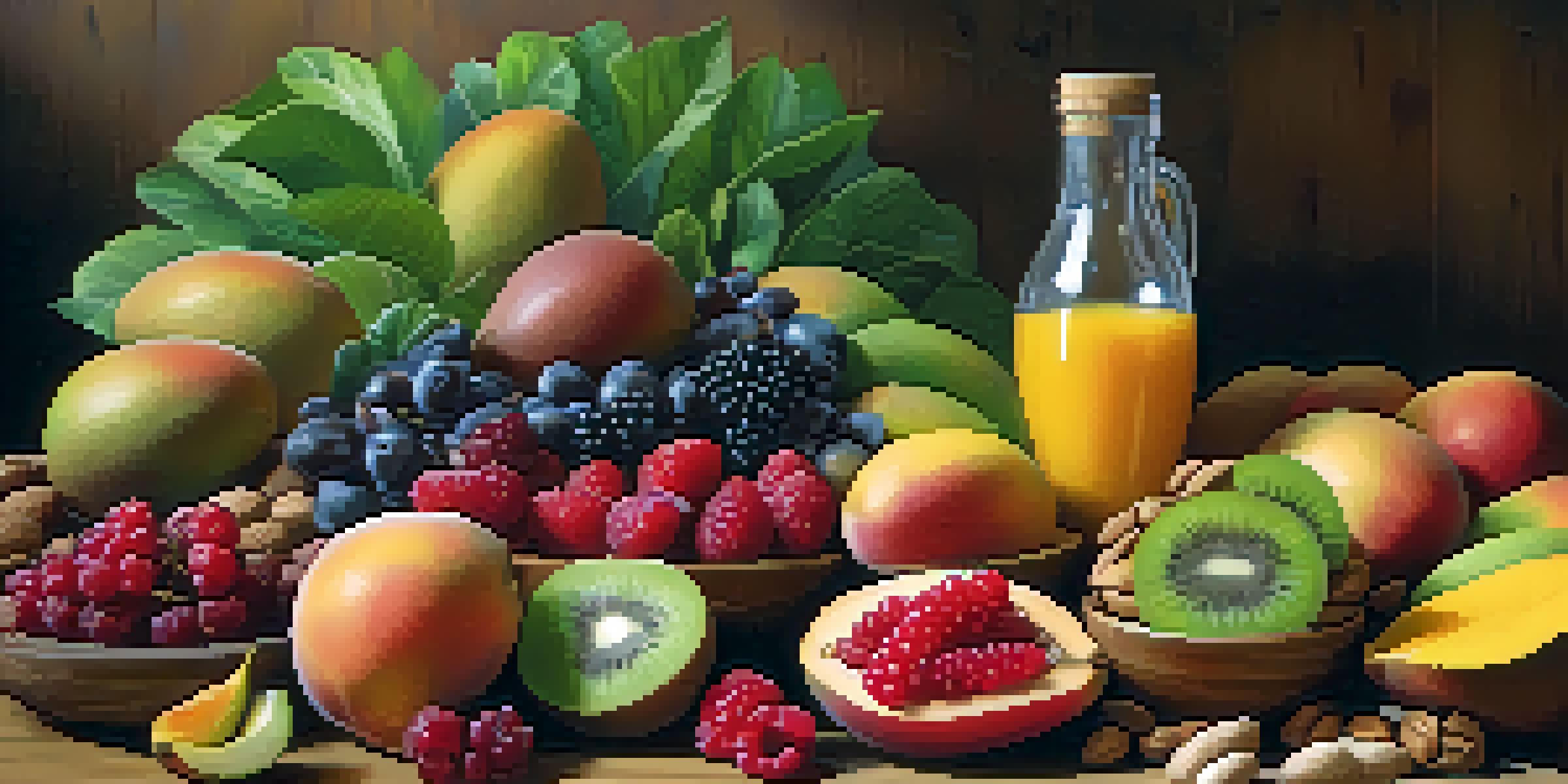 A colorful assortment of fresh raw vegan foods including fruits, leafy greens, nuts, and seeds on a wooden table illuminated by natural light.