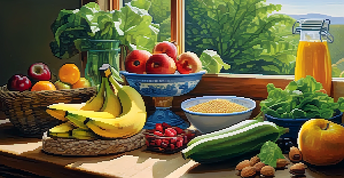 A bright kitchen filled with fresh raw foods like fruits, vegetables, and nuts on a wooden countertop, illuminated by natural sunlight.