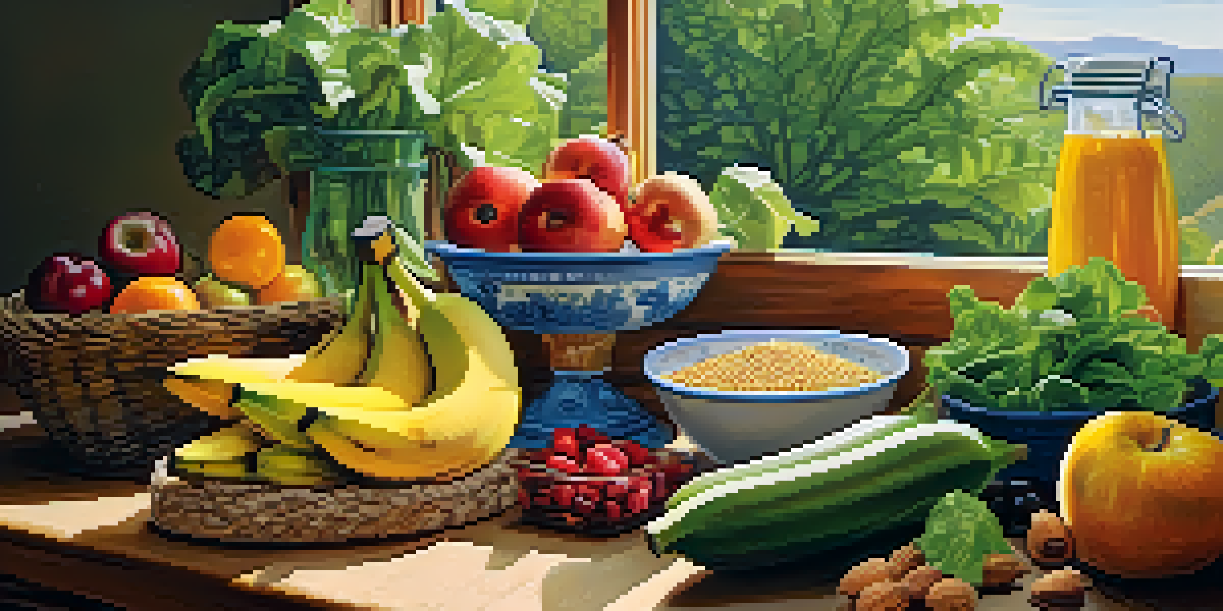 A bright kitchen filled with fresh raw foods like fruits, vegetables, and nuts on a wooden countertop, illuminated by natural sunlight.