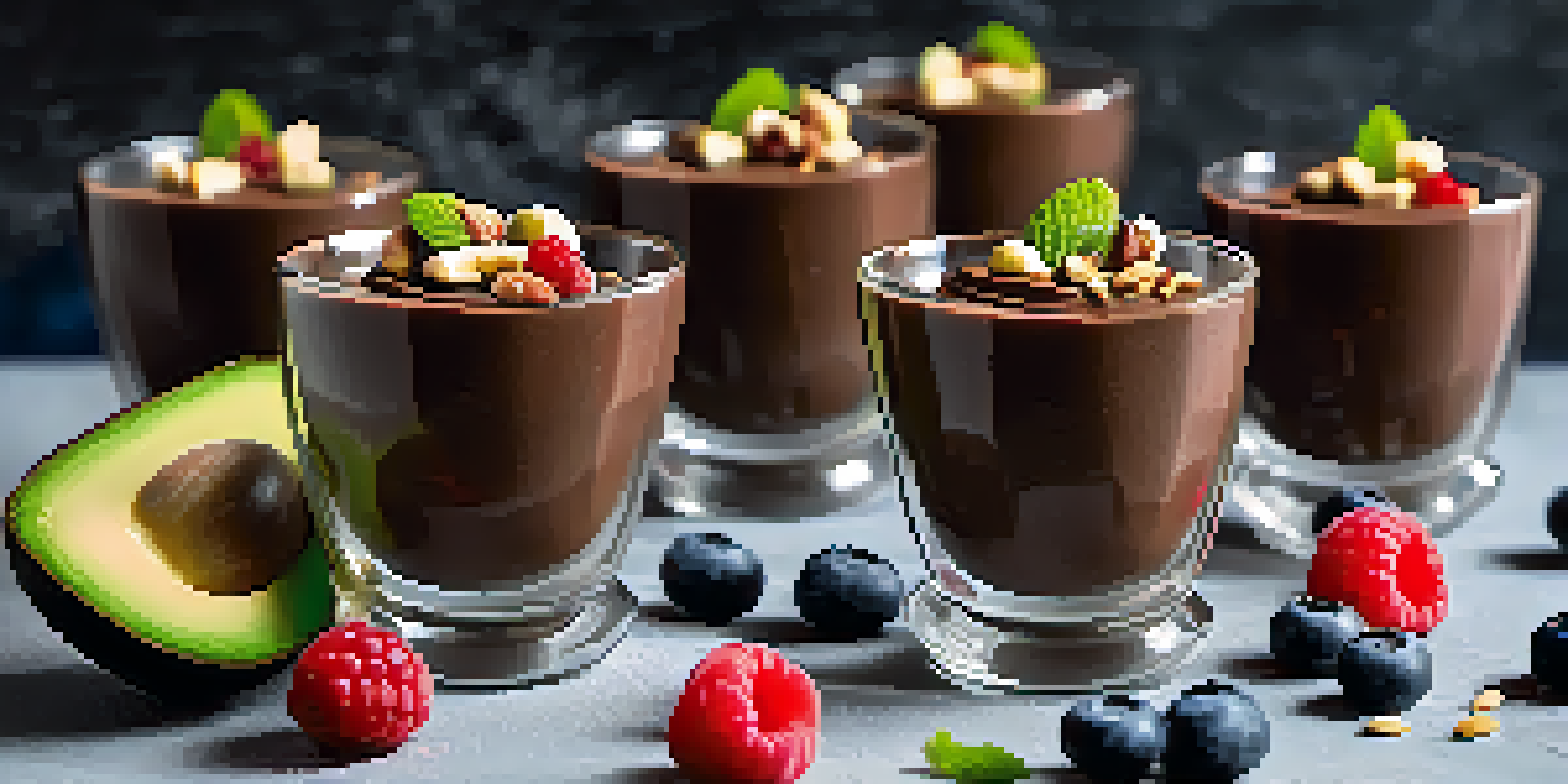 A plate with small cups of rich chocolate avocado mousse, topped with fresh berries and nuts, showcasing a creamy texture.