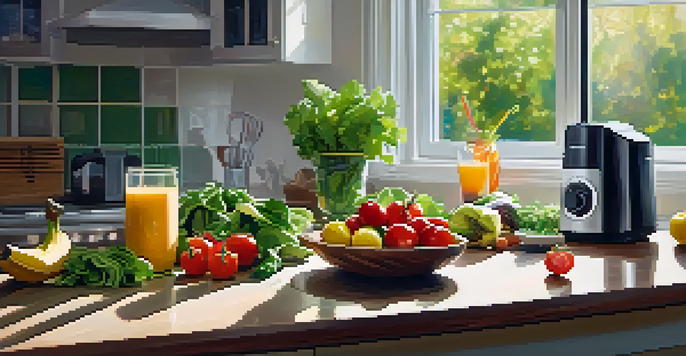 A bright kitchen scene featuring a bowl of fresh salad and a blender with a smoothie, surrounded by colorful fruits and vegetables.