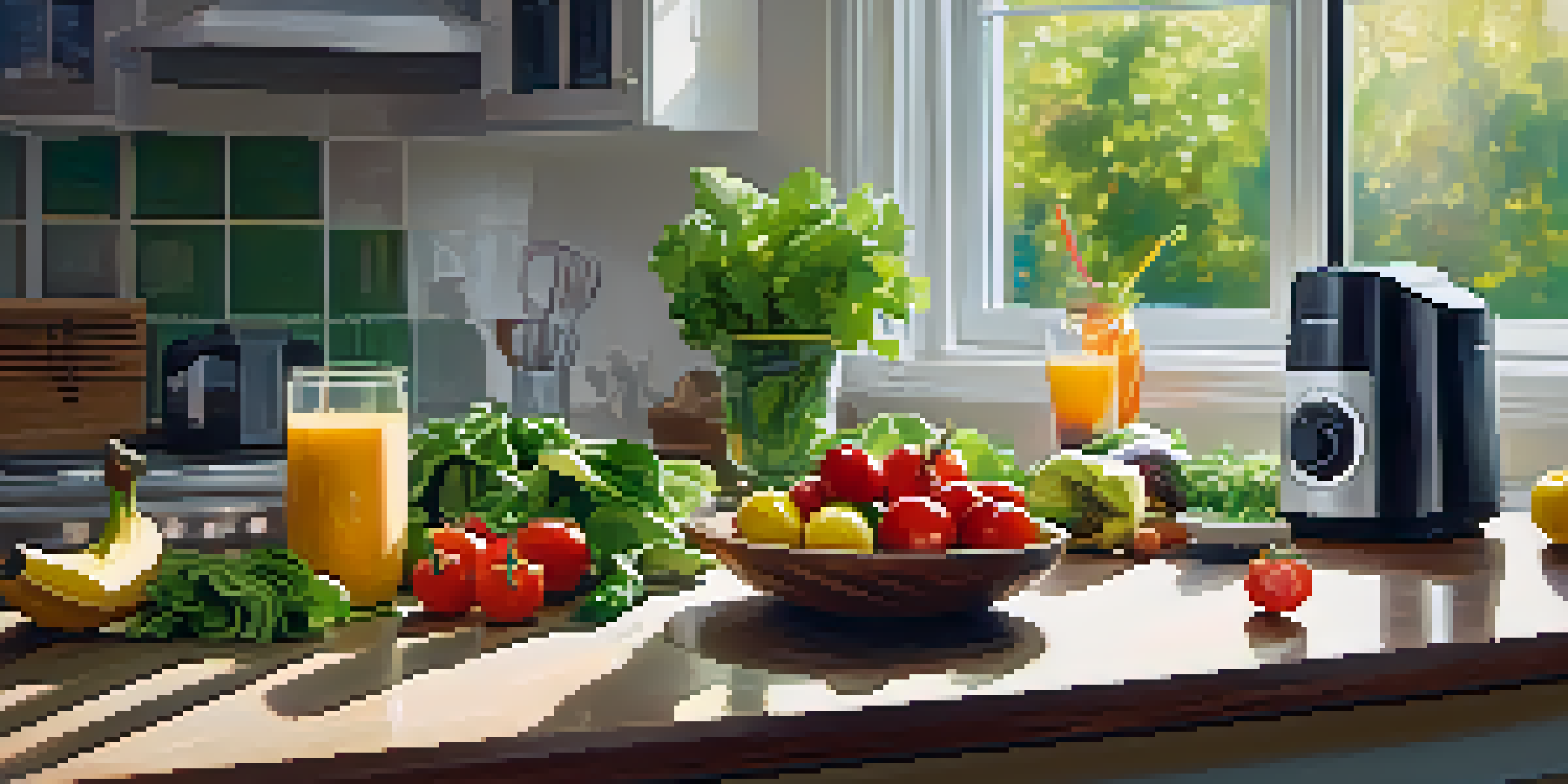 A bright kitchen scene featuring a bowl of fresh salad and a blender with a smoothie, surrounded by colorful fruits and vegetables.