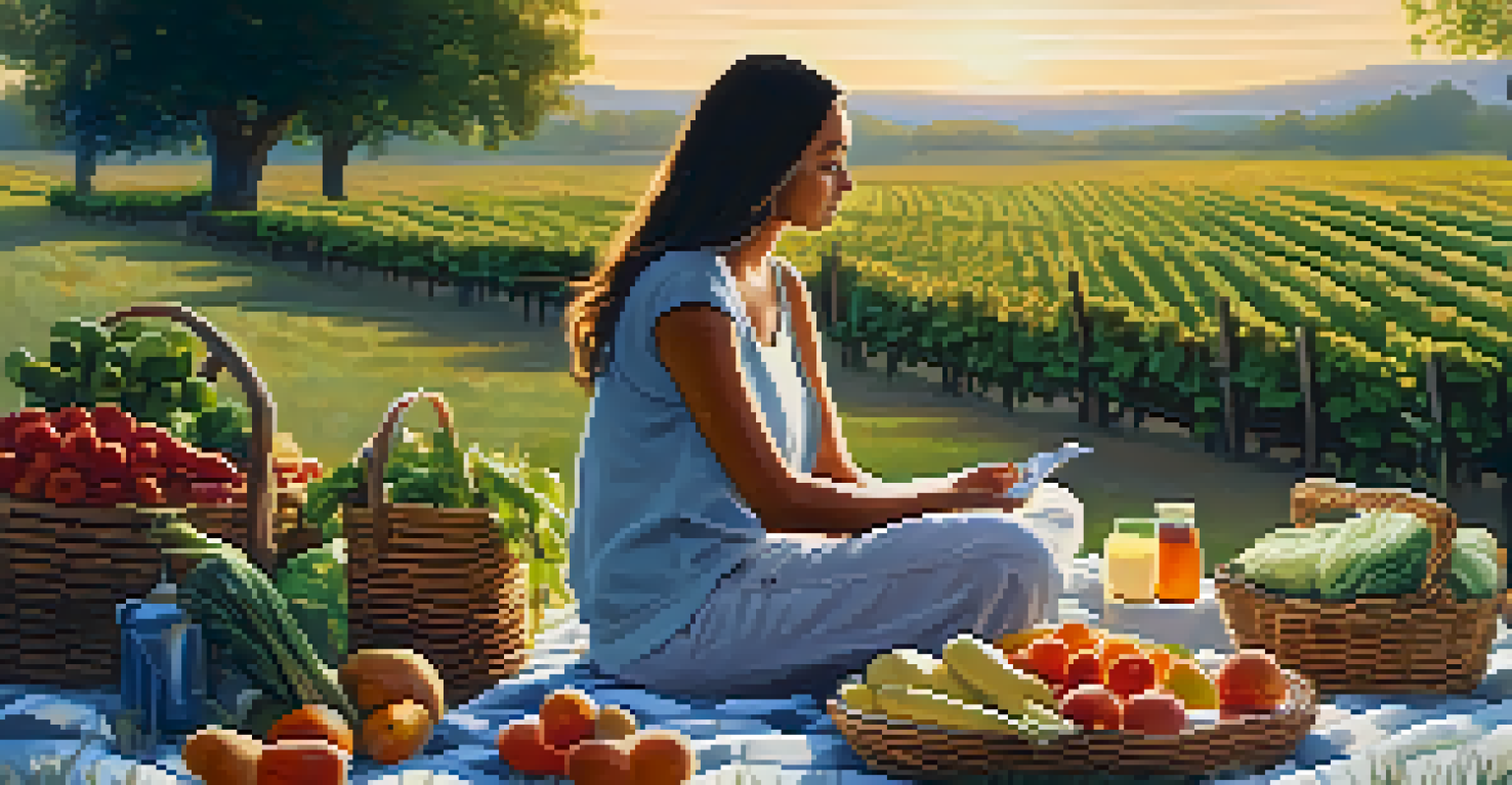 A person enjoying a raw food meal on a picnic blanket, surrounded by baskets of fresh produce, with a sunset in the background.