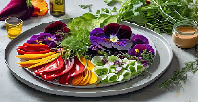 A plate of colorful raw vegetables and edible flowers, with a swirl of beet hummus on a white plate.