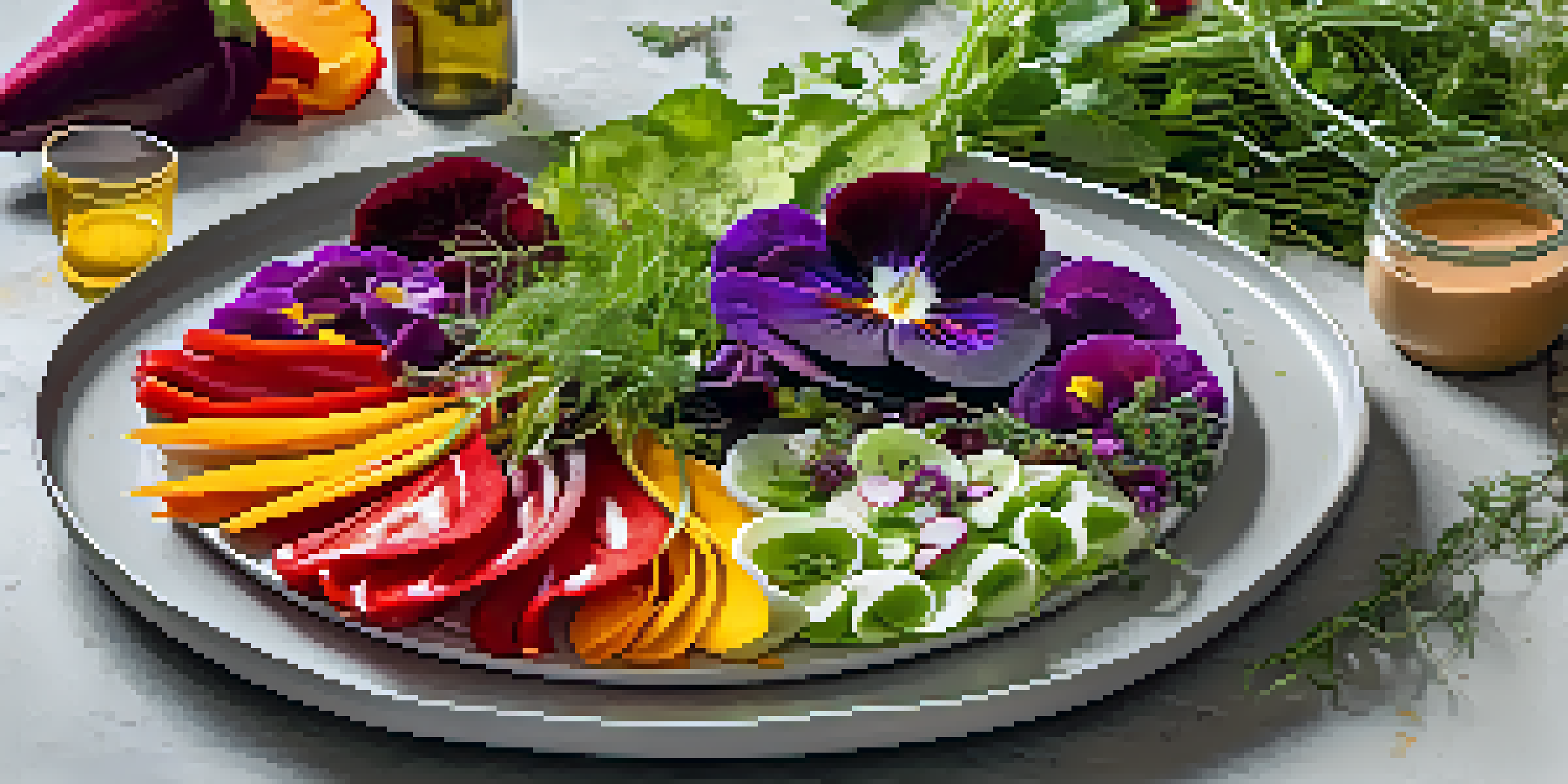 A plate of colorful raw vegetables and edible flowers, with a swirl of beet hummus on a white plate.