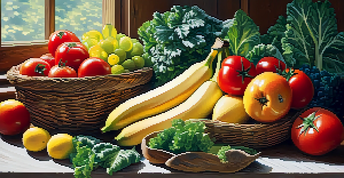 A display of colorful raw fruits and vegetables on a wooden table with soft natural lighting.