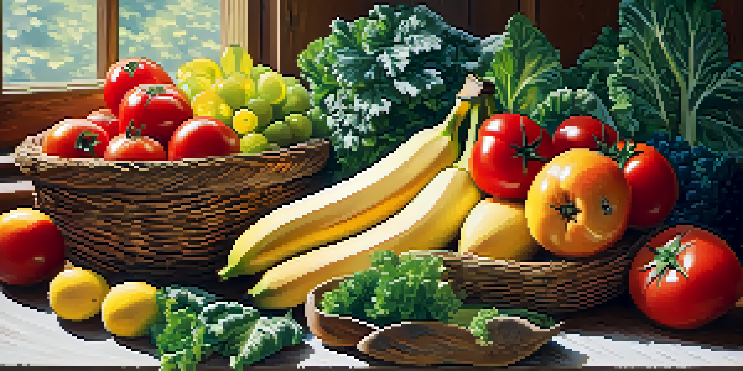 A display of colorful raw fruits and vegetables on a wooden table with soft natural lighting.